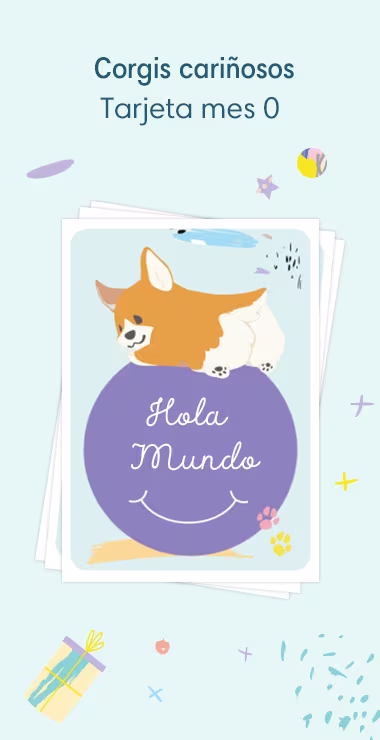 Printed cards to celebrate your baby's birth. Decorated with happy motifs including the charming corgi and a celebration note: Hello World!