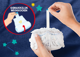 Afbeelding toont een gebruikt luierbroekje opgerold en vastgemaakt met de plakstrip