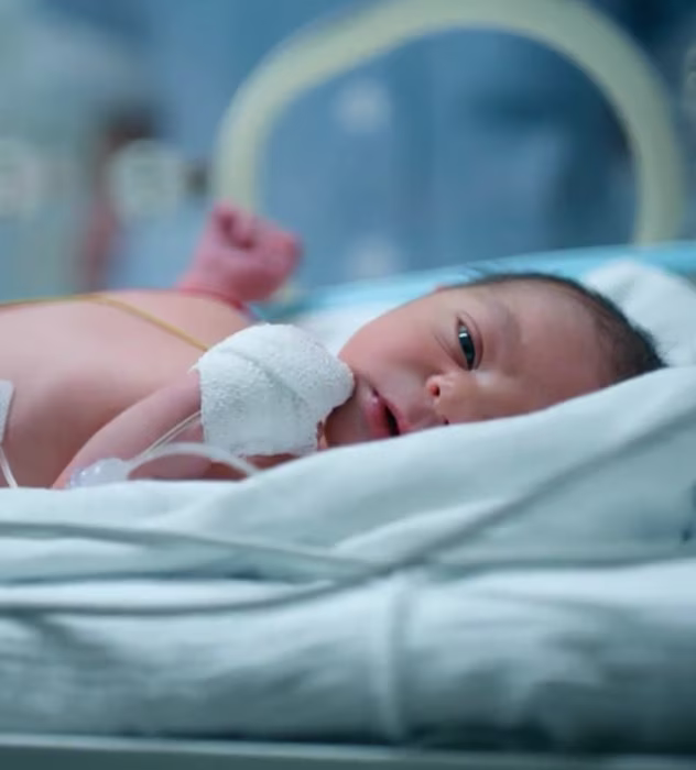 Image of a preemie baby in the NICU looking at the camera
