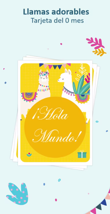 Tarjetas impresas para celebrar el nacimiento de tu bebé. Decoradas con alegres motivos que incluyen la adorable llama y una nota de celebración: ¡Hola Mundo!