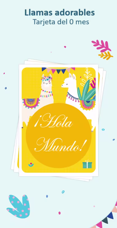 Tarjetas impresas para celebrar el nacimiento de tu bebé. Decoradas con alegres motivos que incluyen la adorable llama y una nota de celebración: ¡Hola Mundo!