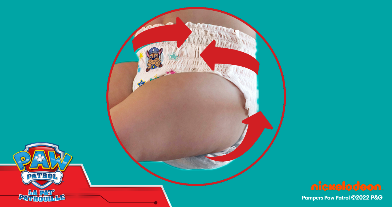 Afbeelding met pijlen die de 360° pasvorm van een Pampers Paw Patrol luierbroekje aantonen