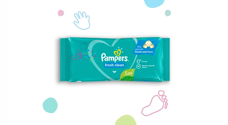 Pachet Pampers Fresh Clean închis și pictograme cu cercuri, mână și talpă a piciorului