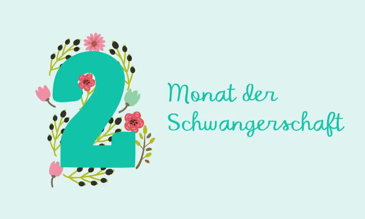 Türkise Zahl 2 umrahmt von einem Blumenkranz – 2. Schwangerschaftsmonat