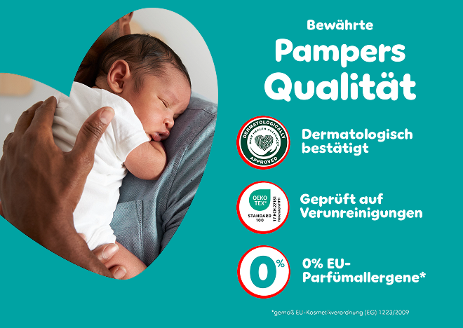 Bewährte Pampers Qualität: Dermatologisch bestätigt, 0% EU-Parfümallergene gemäß EU-Kosmetikverordnung (EG) 1223/2009, Geprüft auf Schadstoffe