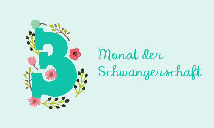 Türkise Zahl 3 umrahmt von einem Blumenkranz – 3. Schwangerschaftsmonat
