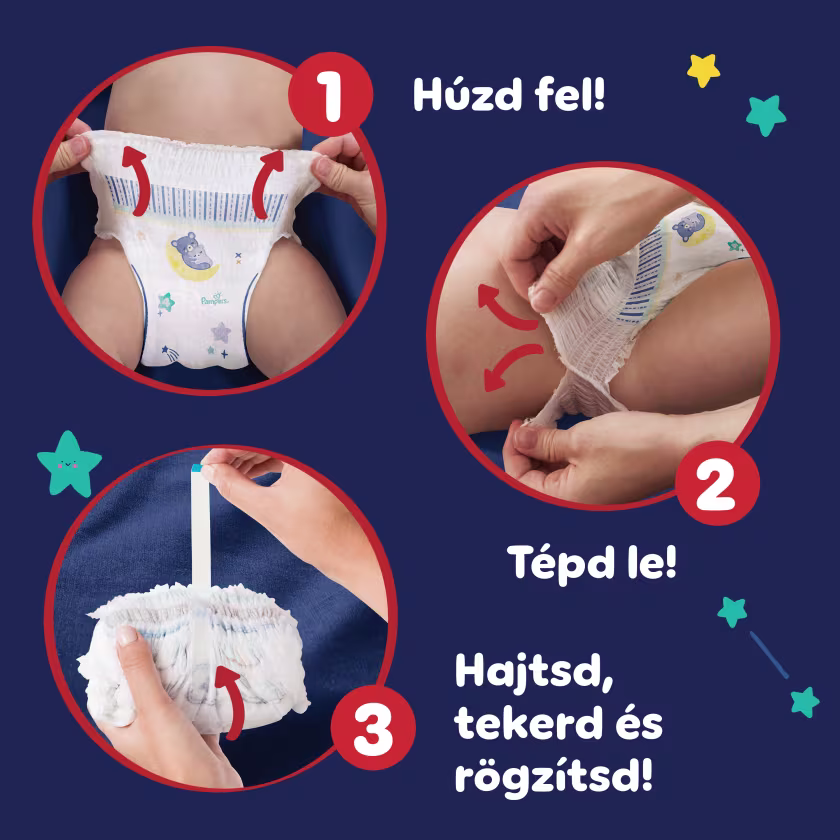 Három kerek kép mutatja be, hogyan kell használni a Pampers pelenkát. Az elsőn a kezek a pelenkát a gyermek derekára húzzák. A másodikon a kezek széttépik az oldalsó részeket a levételhez. A harmadikon a használt pelenkát feltekerik és lezárják. Három kerek kép mutatja be, hogyan kell használni a Pampers pelenkát. Az elsőn a kezek a pelenkát a gyermek derekára húzzák. A másodikon a kezek széttépik az oldalsó részeket a levételhez. A harmadikon a használt pelenkát feltekerik és lezárják.