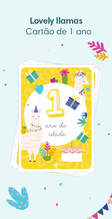 Cartões impressos para comemorar o primeiro aniversário do seu bebê. Decorados com motivos alegres, incluindo a adorável lhama e uma nota comemorativa: 1 ano de idade hoje!