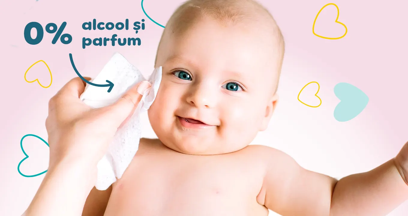 Imagine cu bebeluș pe fundal roz care este șters pe față cu șervețel Pampers și scris 0% alcool și parfum.