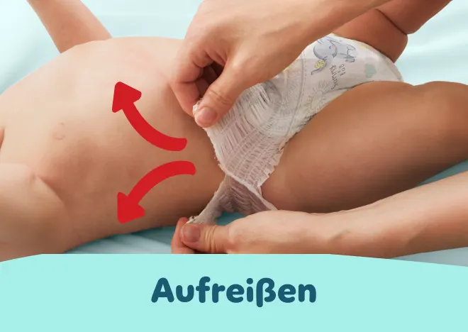 Hände reißen die Seitenbündchen der Pants auf und verdeutlichen das einfache Ausziehen.