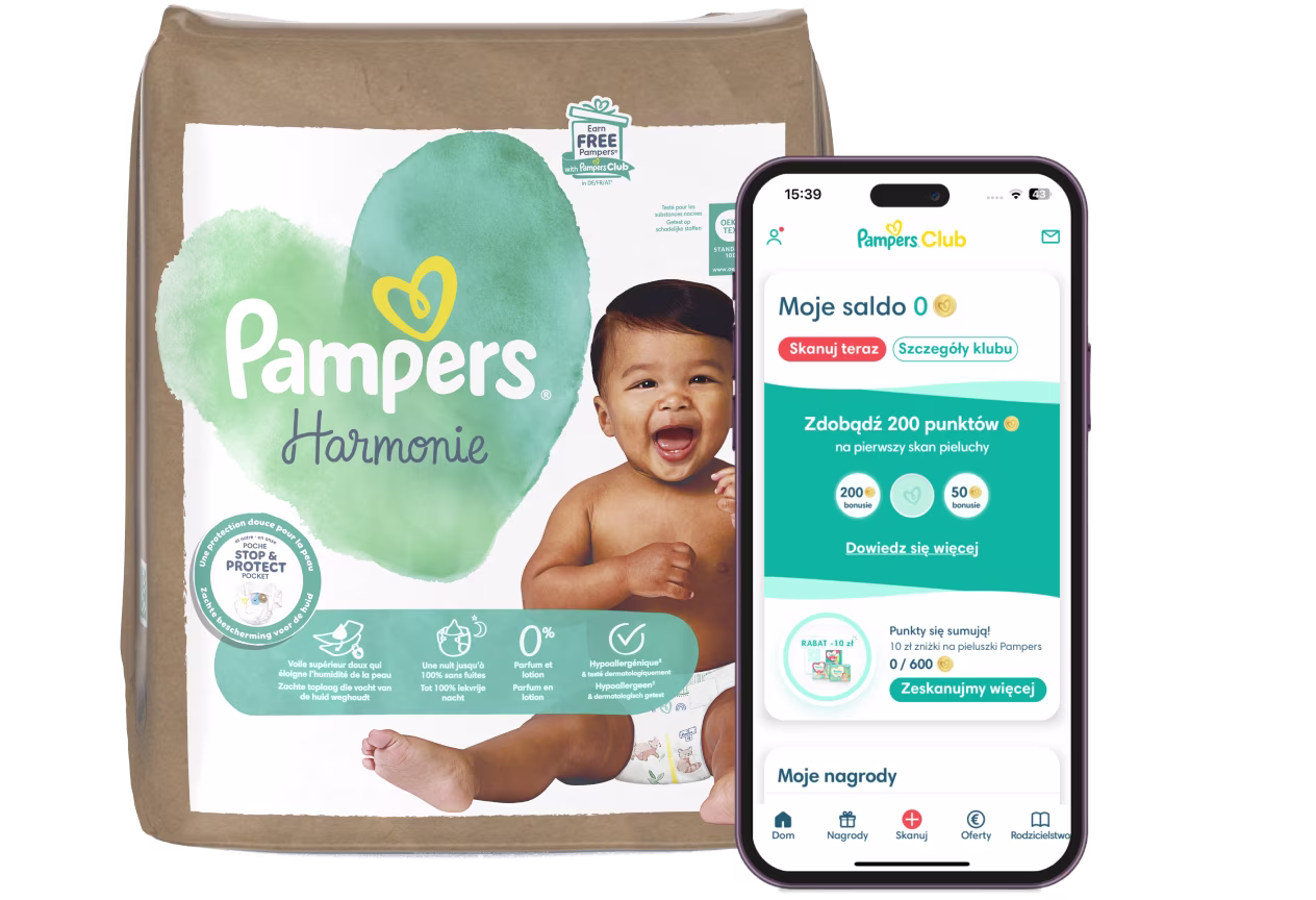 Logo Pampers Club i opakowanie pieluszek z aplikacją Pampers Club pokazaną na telefonie