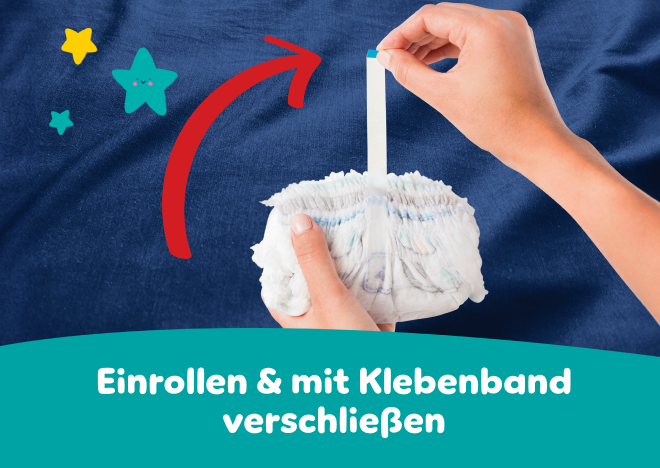 Eine Hand hält die eingerollte Pants und die andere hält das Klebeband noch oben, um die einfach Entsorgung zu verdeutlichen.