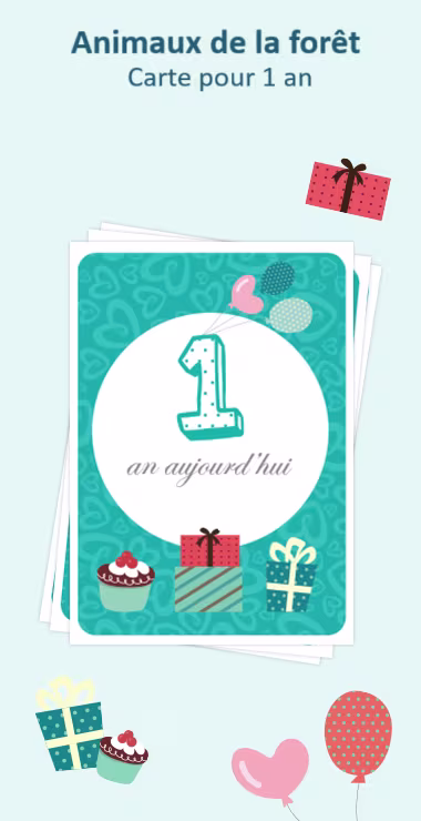 Cartes imprimées pour célébrer la naissance de votre bébé. Décorées avec des motifs joyeux, dont des cadeaux, des gâteaux et des ballons, ainsi qu'une note de célébration : 1 an aujourd'hui !