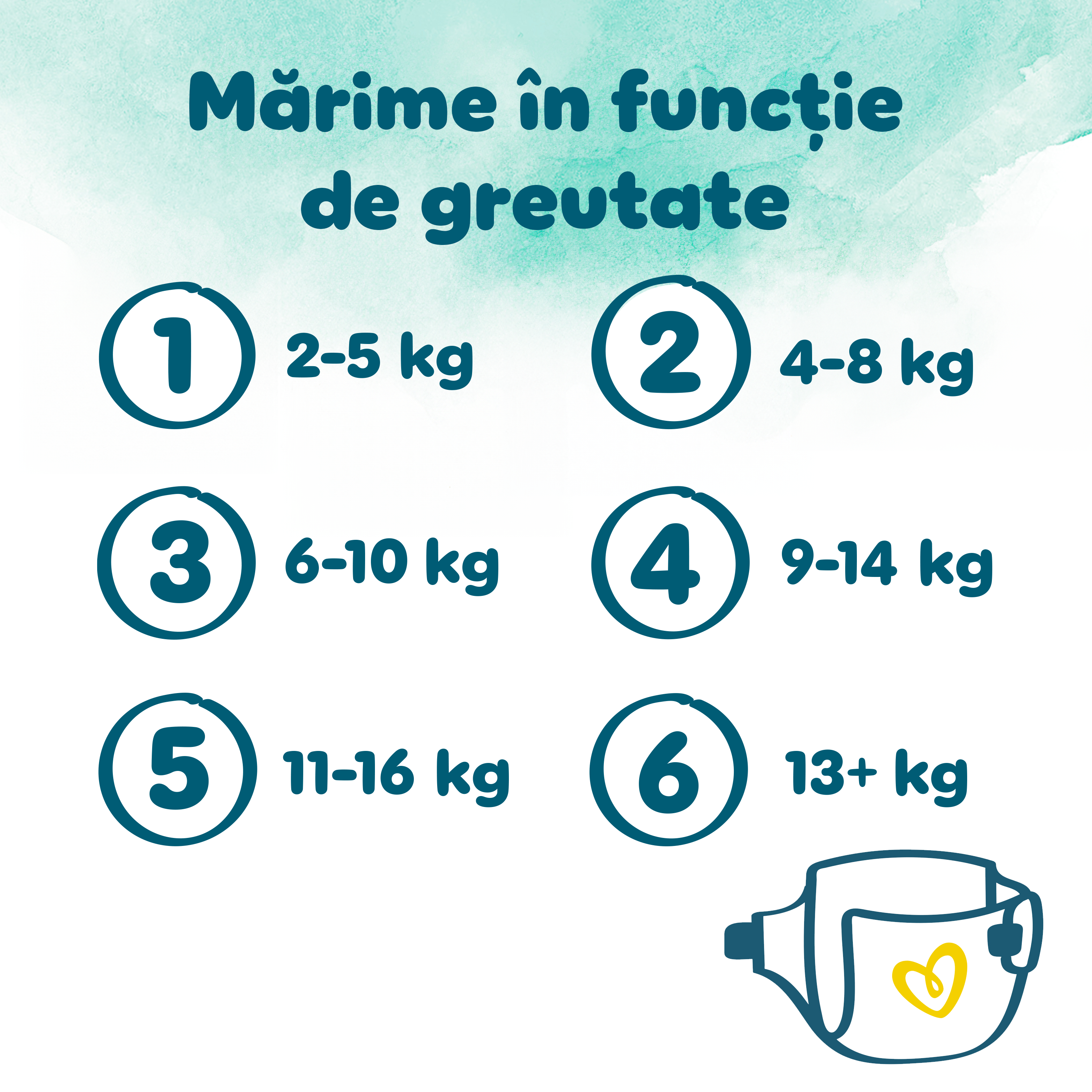 Un grafic care arată dimensiunile scutecelor Pampers Harmonie în funcție de greutate. Mărimea 1: 2-5 kg. Mărimea 2: 4-8 kg. Mărimea 3: 6-10 kg. Mărimea 4: 9-14 kg. Mărimea 5: 11-16 kg. Mărimea 6: 13+ kg.