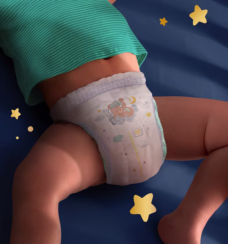 L'image montre les jolis motifs nocturnes des Pampers® Night Pants. L'image montre les jolis motifs nocturnes des Pampers® Night Pants.