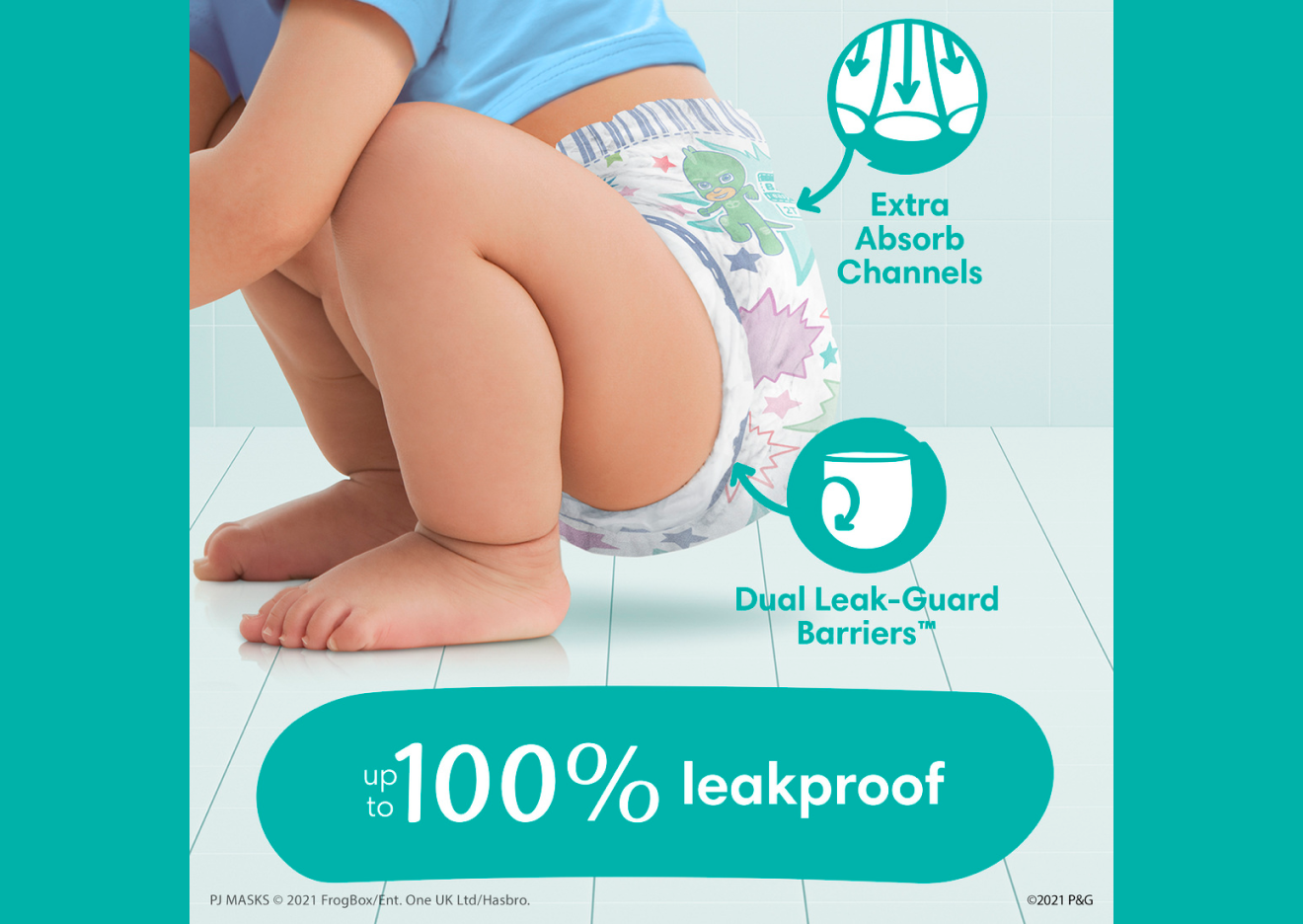 The image is showing key features making Easy Ups up to 100% leakproof; extra absorb channels and dual leak-guard barriers