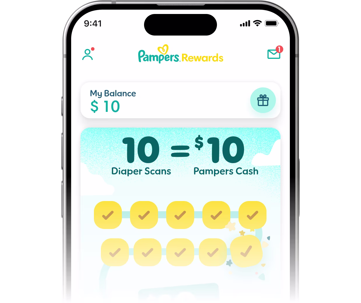 Hand holding a phone showing the Pampers rewards app homescreen