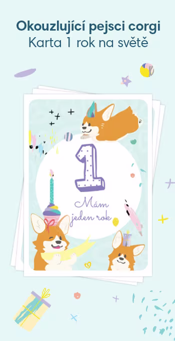 Tištěné karty na oslavu prvních narozenin vašeho děťátka. Zdobí je veselé motivy, včetně okouzlujícího pejska corgi a nápisu: 1 rok na světě!
