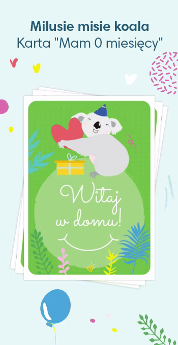 Kartki do druku z okazji narodzin dziecka, ozdobione radosnymi motywami, w tym misiami koala i okolicznościowym napisem: Witaj w domu!