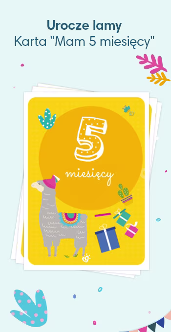 Kartki z nadrukiem z okazji 5. miesiąca życia dziecka, ozdobione radosnymi motywami, w tym uroczą lamą i napisem: 5 miesięcy!
