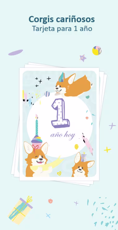 Cartas impresas para celebrar el primer cumpleaños de tu bebé. Decoradas con motivos alegres, incluyendo el encantador corgi y una nota de celebración: ¡Hoy cumple 1 año!