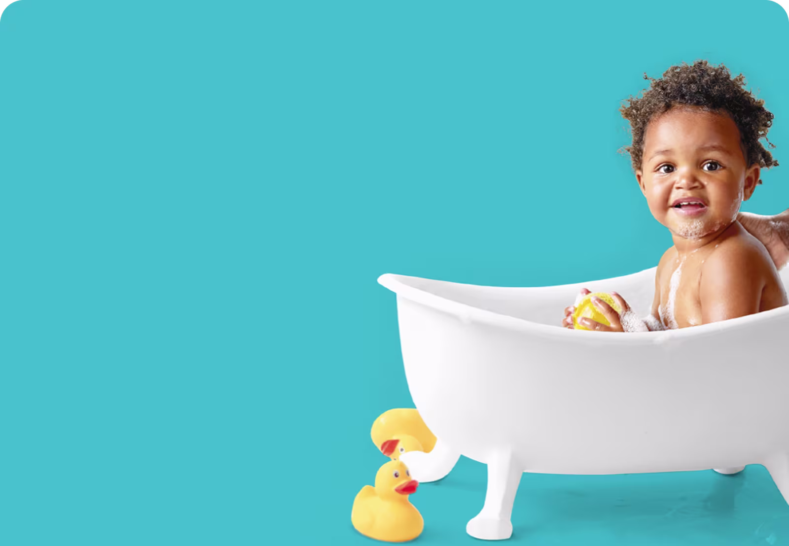 Un tout-petit heureux est assis dans une petite baignoire blanche. Une main d’adulte lave doucement le dos de l’enfant, tandis que des canards en caoutchouc jaunes sont posés sur le sol à côté.