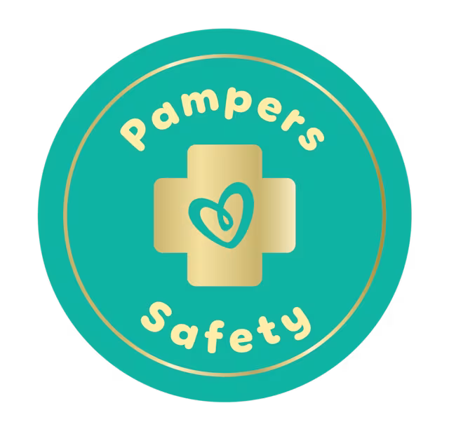 Dark teal blue icon with ‘Pampers safety’ written on it in golden color
