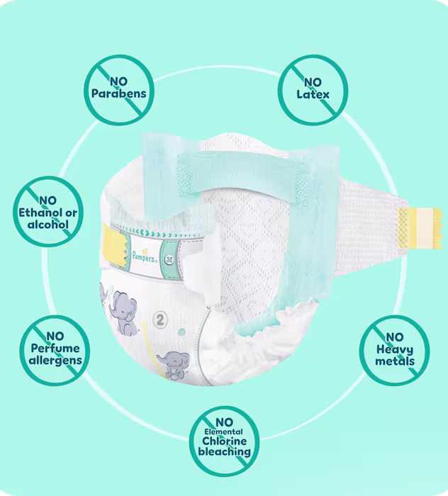 3D Pampers Taped diaper on a light blue background, surrounded by crossed-out ingredient icons indicating what the diaper does not contain.