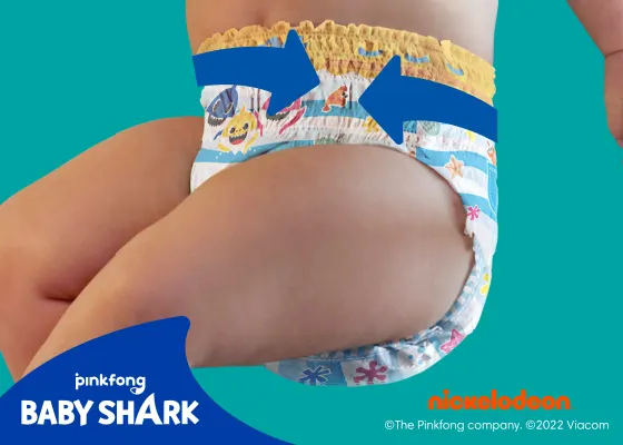 slika pelena-gaćica Pampers Splashers sa strelicom koja pokazuje potpuno rastezljiv pojas