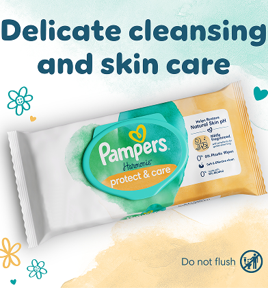 A close-up shot of a pack of Pampers Harmonie Protect & Care baby wipes.