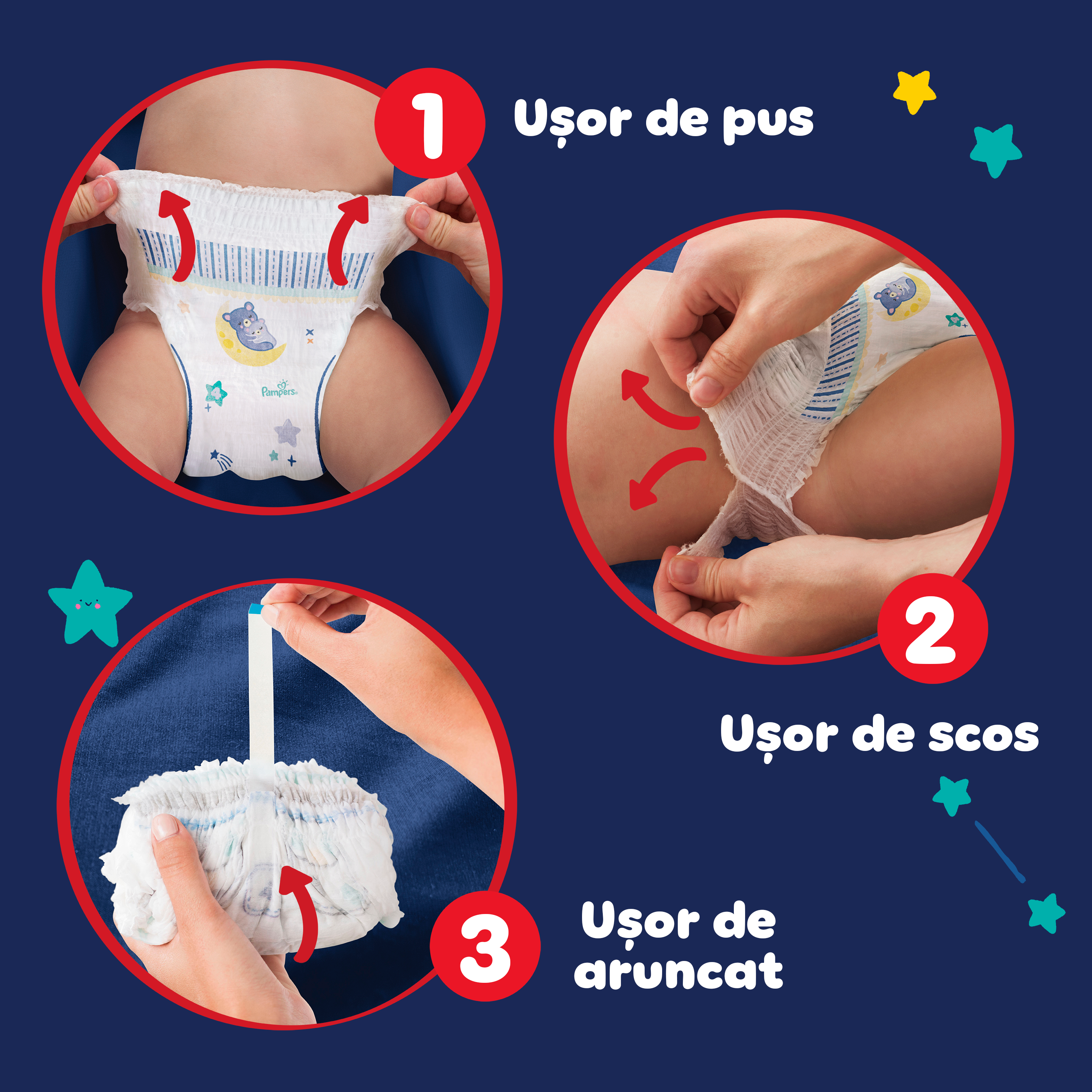 Imagine cu fundal albastru închis și trei cercuri în care arată cum se pune și se scoate scutecul-chiloțel. În dreptul imaginilor scrie „Ușor de pus”, „Ușor de scos”, „Ușor de aruncat”.