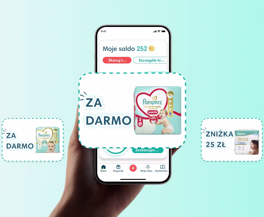 Ręka trzymająca telefon z ekranem głównym aplikacji Pampers Club