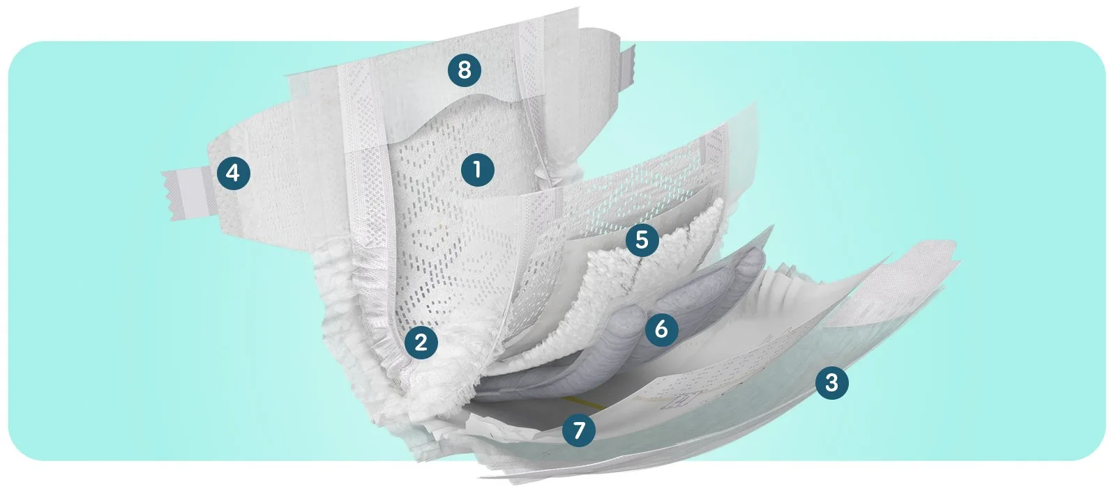 Visual of a Pampers diaper showing its eight numbered layers and components