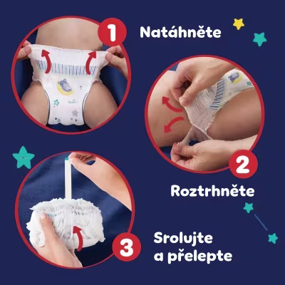 Tři kulaté obrázky ukazují, jak používat plenky Pampers. Na prvním obrázku ruce natahují plenku na pas dítěte. Na druhém obrázku ruce roztrhávají boky plenky, aby ji sundaly. Na třetím obrázku použité plenky svinují a zajišťují. Tři kulaté obrázky ukazují, jak používat plenky Pampers. Na prvním obrázku ruce natahují plenku na pas dítěte. Na druhém obrázku ruce roztrhávají boky plenky, aby ji sundaly. Na třetím obrázku použité plenky svinují a zajišťují.