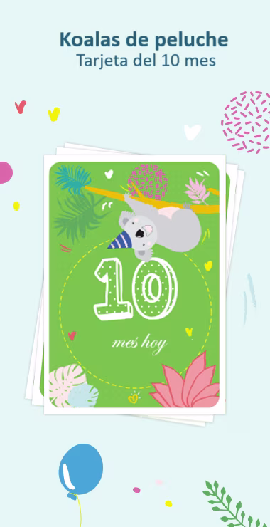 Tarjetas impresas para celebrar el décimo mes de vida de tu bebé. Decoradas con motivos alegres, incluyendo el tierno koala y una nota de celebración: ¡10 meses hoy!