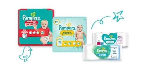 Pampers' produktkatalog: bleier, bleiebukser og våtservietter.
