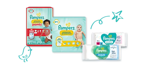 Pampers' produktkatalog: bleier, bleiebukser og våtservietter.