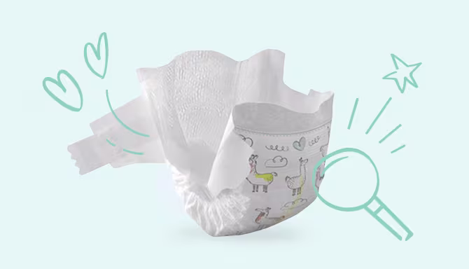 Full view of Pampers Pure Protection diaper's and it's different components: absorbent core, elasticated leg cuffs, waist strap fastening system, and wetness indicator strip. Our diapers are beautifully illustrated with hand-drawn motifs.