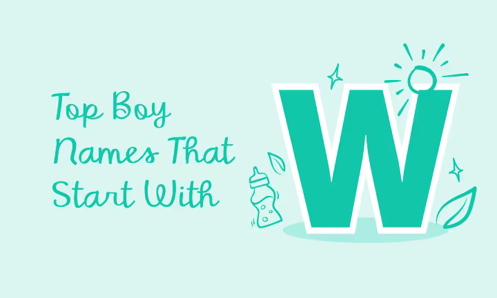 Top boy names that start with W, illustrated with baby bottle, sun, and leaves.