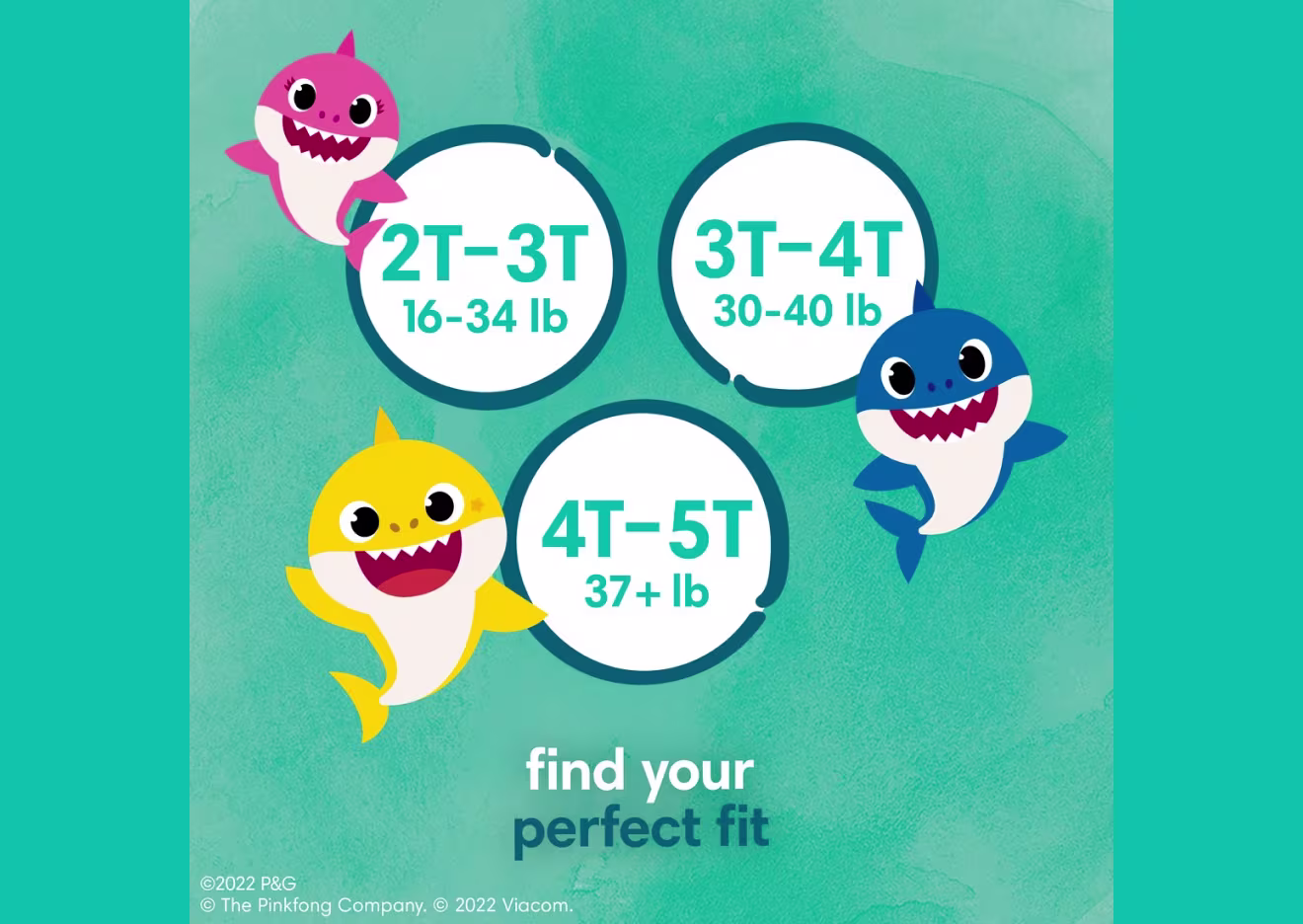 L’image montre les tailles de sous-vêtements d’entraînement Pampers Pure offerts, dans les grandeurs de 2T à 5T