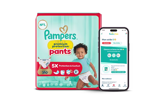 Logo Pampers Club et paquet de couches avec l’application Pampers Club affichée sur un téléphone.
