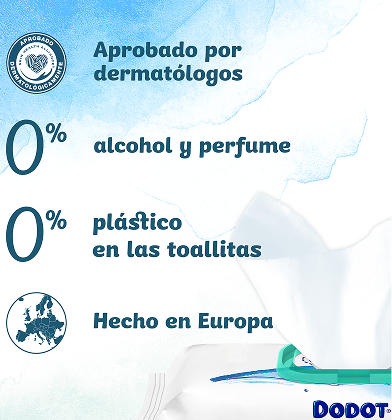 Un primer plano de las toallitas Dodot Aqua Pure siendo sacadas del paquete y la lista de certificaciones.