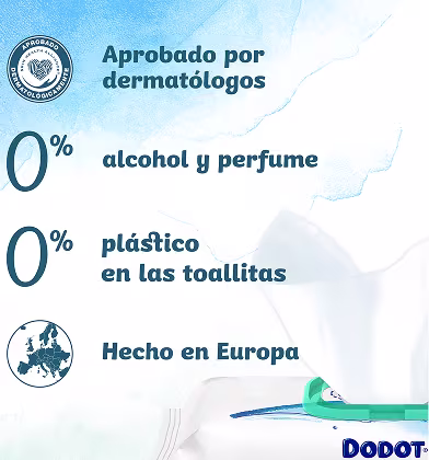 Un primer plano de las toallitas Dodot Aqua Pure siendo sacadas del paquete y la lista de certificaciones.