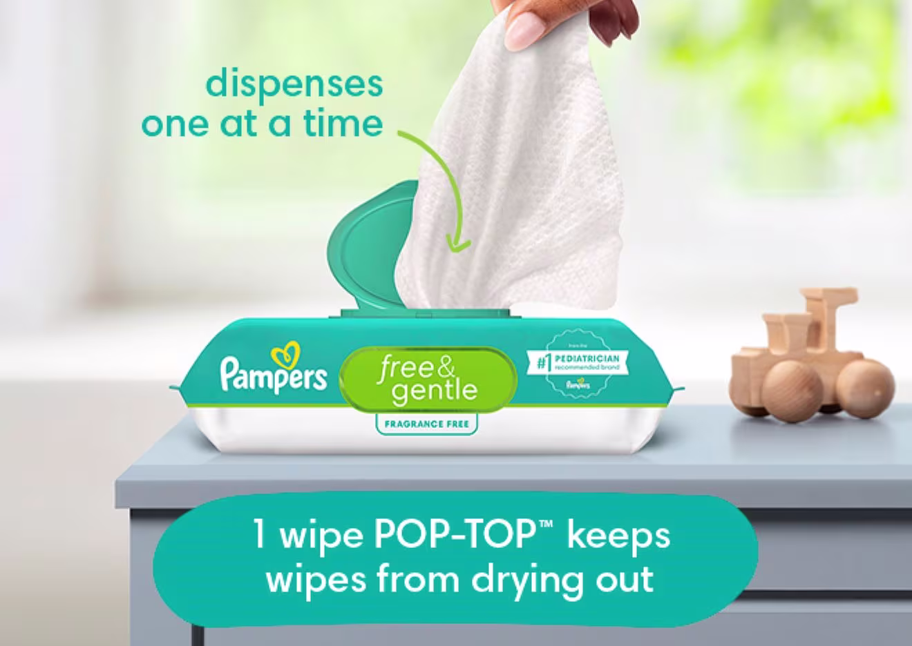 Pampers Free & Gentle’s 1 wipe POP-TOP is designed to dispense one wipe at a time