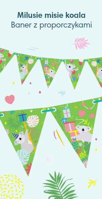 Nasze banery z proporczykami o jasnozielonym tle zostały ozdobione zabawnymi ilustracjami i motywami, kolorowymi roślinami, prezentami i balonami oraz misiami koala!