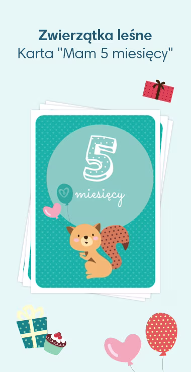 Kartki do druku z okazji narodzin dziecka, ozdobione radosnymi motywami, w tym wiewiórką w czapeczce na przyjęcie i napisem: 5 miesięcy!