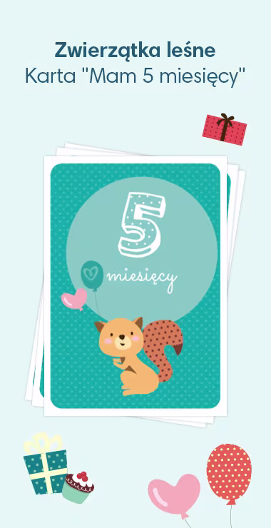 Kartki do druku z okazji narodzin dziecka, ozdobione radosnymi motywami, w tym wiewiórką w czapeczce na przyjęcie i napisem: 5 miesięcy!