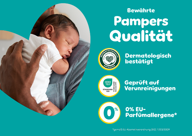 Bewährte Pampers Qualität: Dermatologisch bestätigt, 0% EU-Parfümallergene gemäß EU-Kosmetikverordnung (EG) 1223/2009, Geprüft auf Schadstoffe