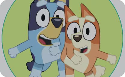 Bluey and Bingo from the cartoon "Bluey" are depicted against a light green background.