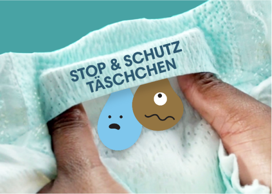 Abbildung des Stop & Schutz Täschchens in der Innenseite der Windel